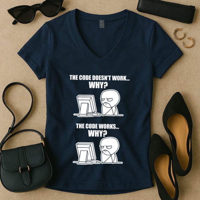 Funny Programmer Code Works Why Meme Tee Women's V-Neck T-Shirt