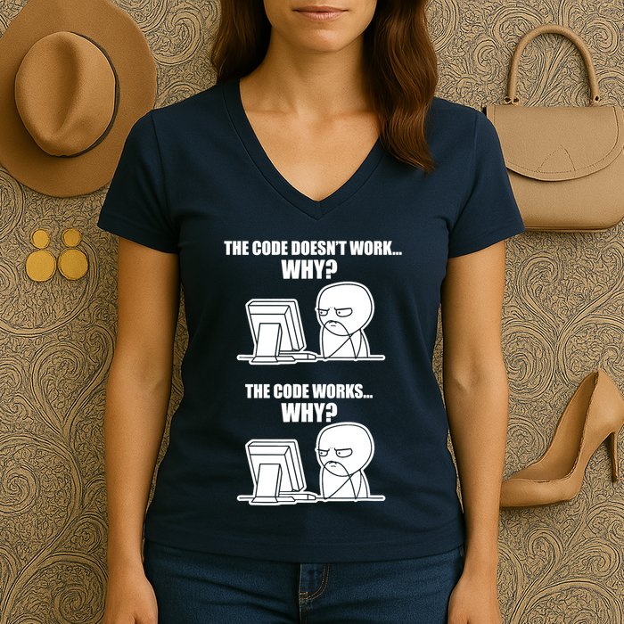 Funny Programmer Code Works Why Meme Tee Women's V-Neck T-Shirt