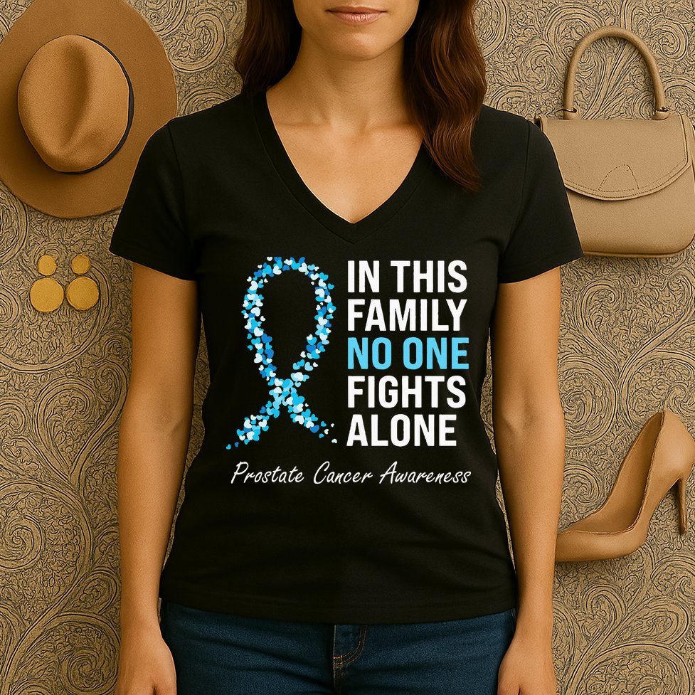 Family Prostate Cancer Awareness Light Blue Ribbon Survivor Women's V-Neck T-Shirt
