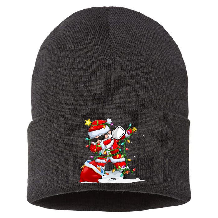 Funny Pickleball Christmas Dabbing Santa Playing Pickleball Sustainable Knit Beanie