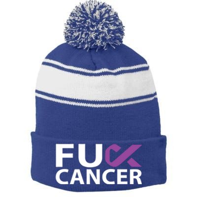 Fuck Pancreatic Cancer F U Fu Purple Ribbon Cancer Awareness Gift Stripe Pom Pom Beanie