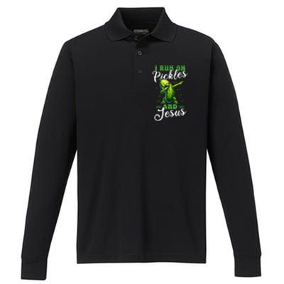 Funny Pickle Cucumber I Run On Pickles And Jesus Performance Long Sleeve Polo