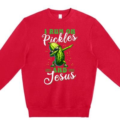 Funny Pickle Cucumber I Run On Pickles And Jesus Premium Crewneck Sweatshirt