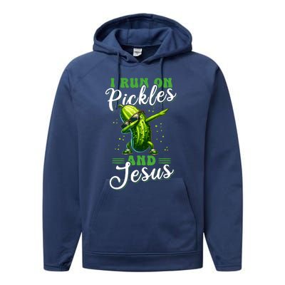 Funny Pickle Cucumber I Run On Pickles And Jesus Performance Fleece Hoodie