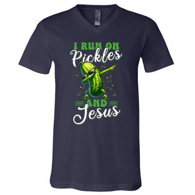 Funny Pickle Cucumber I Run On Pickles And Jesus V-Neck T-Shirt