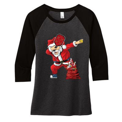 Funny Pickleball Christmas Santa Playing Pickleball Women's Tri-Blend 3/4-Sleeve Raglan Shirt