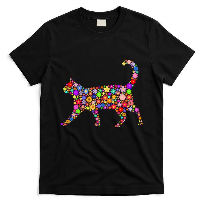 Floral Pattern Cat  Floral Cat Silhouette T-Shirt