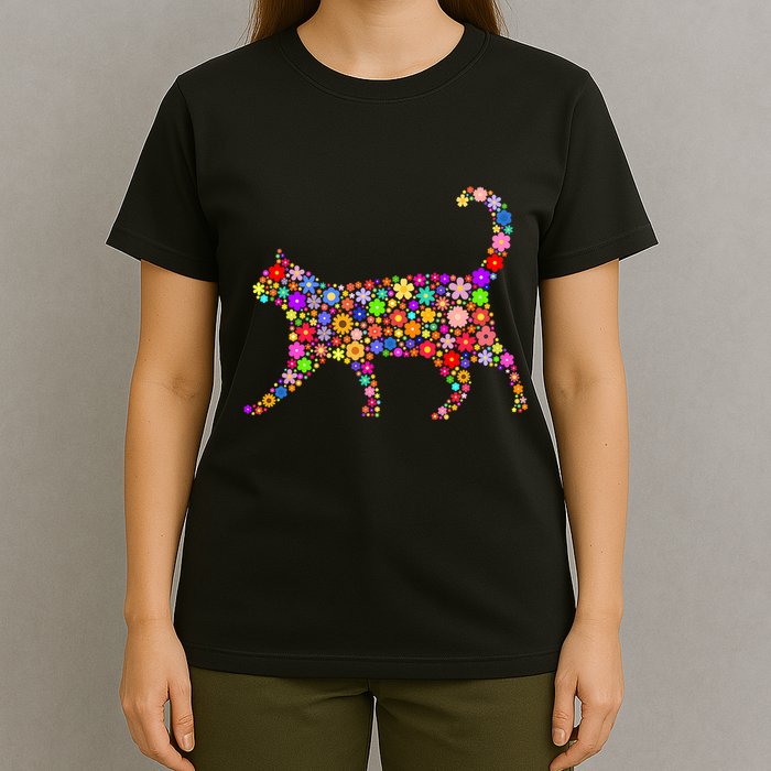 Floral Pattern Cat  Floral Cat Silhouette T-Shirt