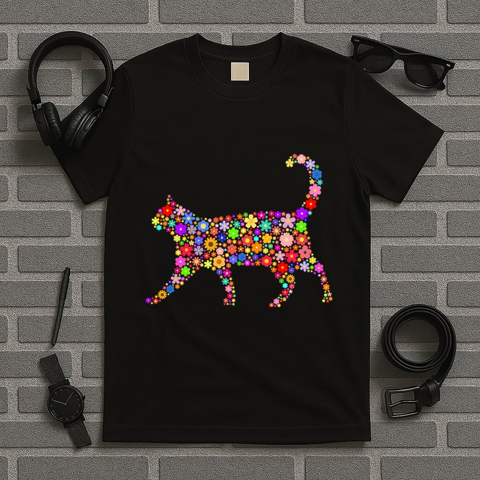 Floral Pattern Cat  Floral Cat Silhouette T-Shirt