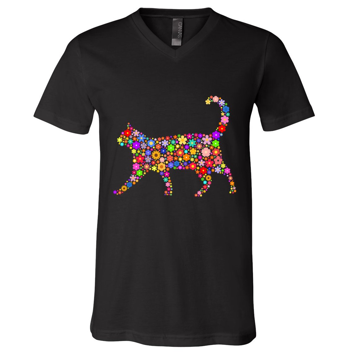 Floral Pattern Cat  Floral Cat Silhouette V-Neck T-Shirt