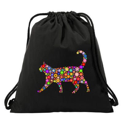 Floral Pattern Cat  Floral Cat Silhouette Drawstring Bag