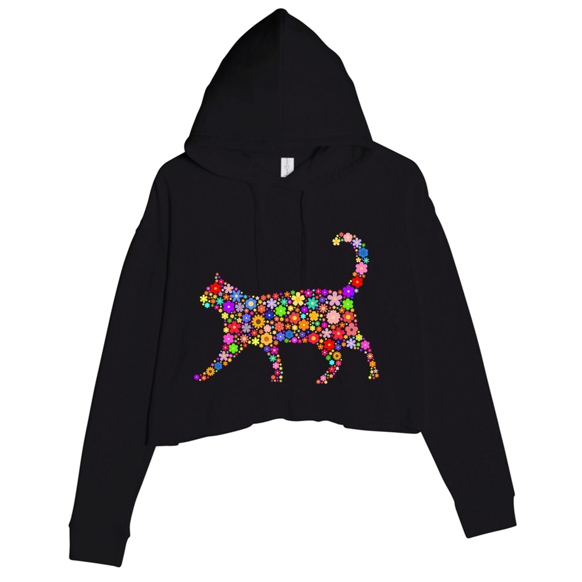 Floral Pattern Cat  Floral Cat Silhouette Crop Fleece Hoodie