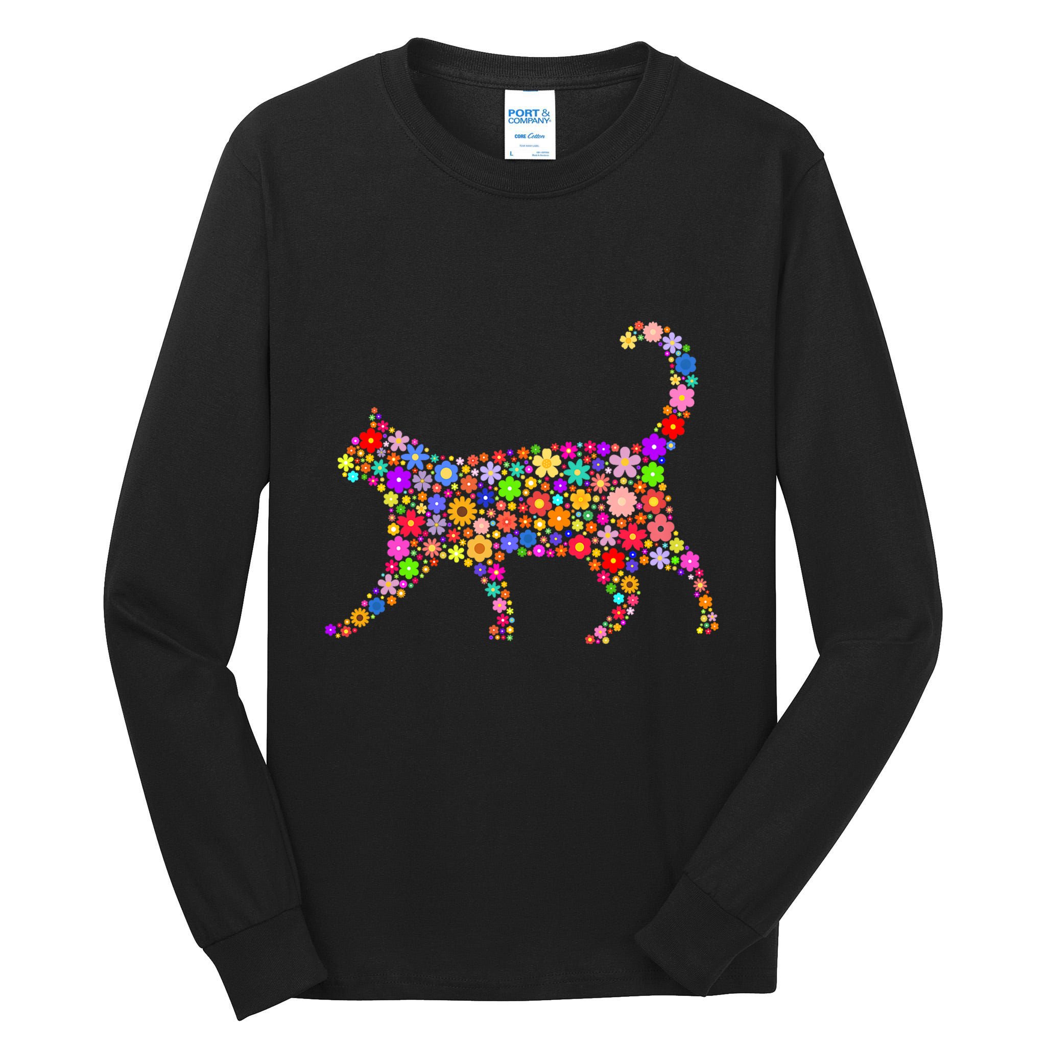 Floral Pattern Cat  Floral Cat Silhouette Tall Long Sleeve T-Shirt