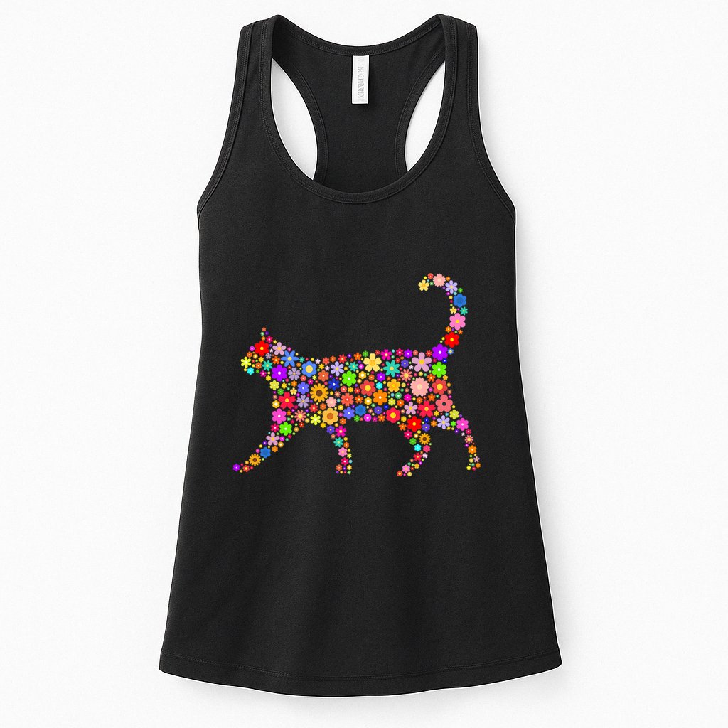 Floral Pattern Cat  Floral Cat Silhouette Womens Tank Top