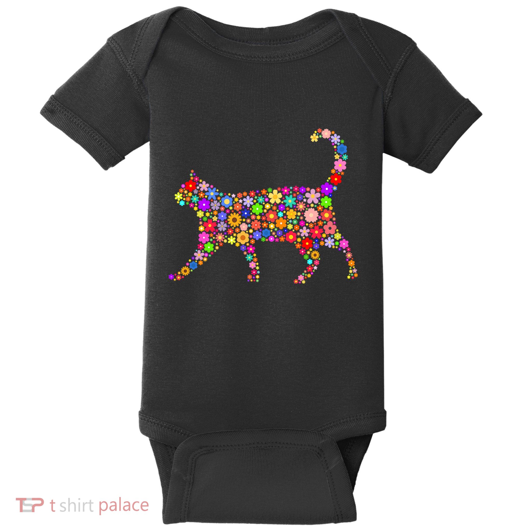 Floral Pattern Cat  Floral Cat Silhouette Baby Bodysuit