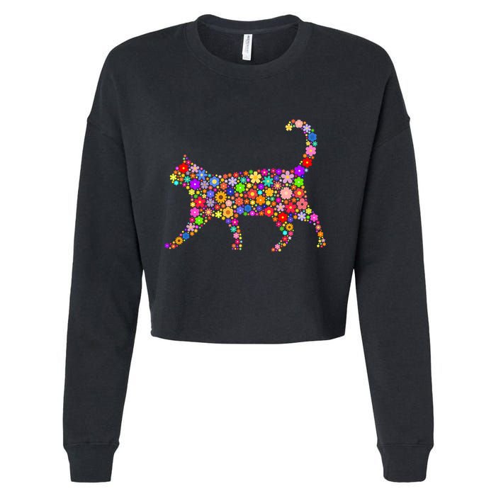 Floral Pattern Cat  Floral Cat Silhouette Cropped Pullover Crew