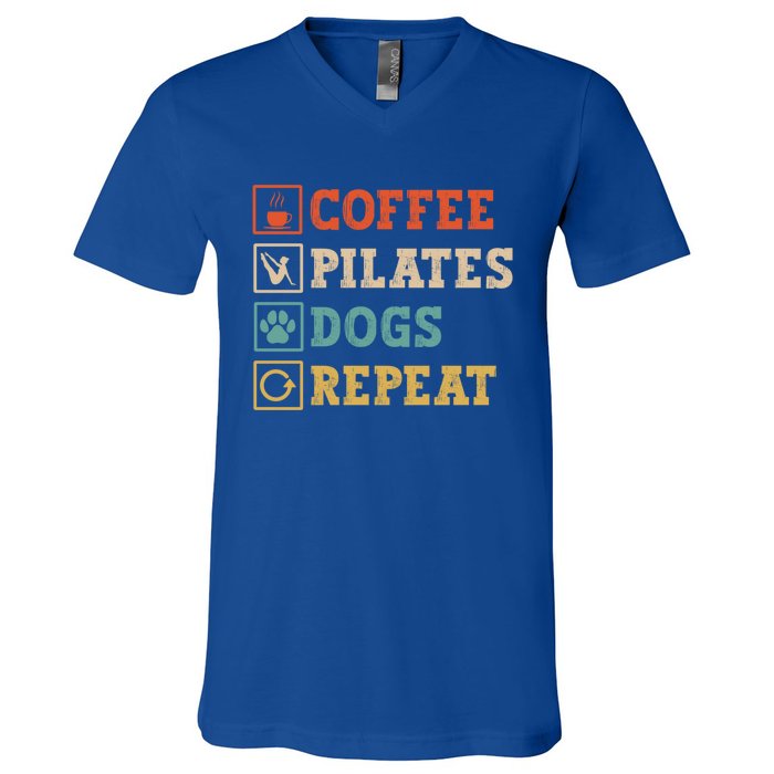 Funny Pilates Coffee Pilates Dogs Repeat Pilates Lover Gift V-Neck T-Shirt