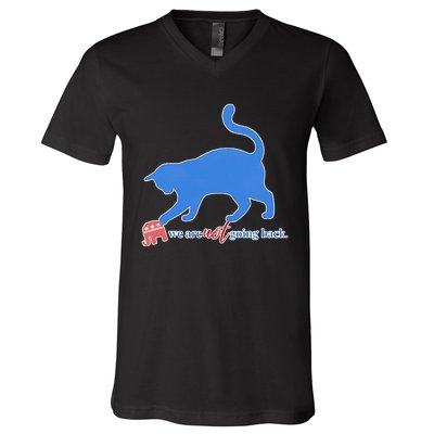 Funny Political Cat Pushing Republican Elephant V-Neck T-Shirt