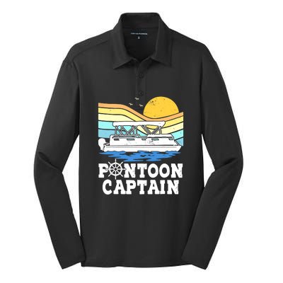 Funny Pontoon Captain Vintage Pontoon Boat Silk Touch Performance Long Sleeve Polo