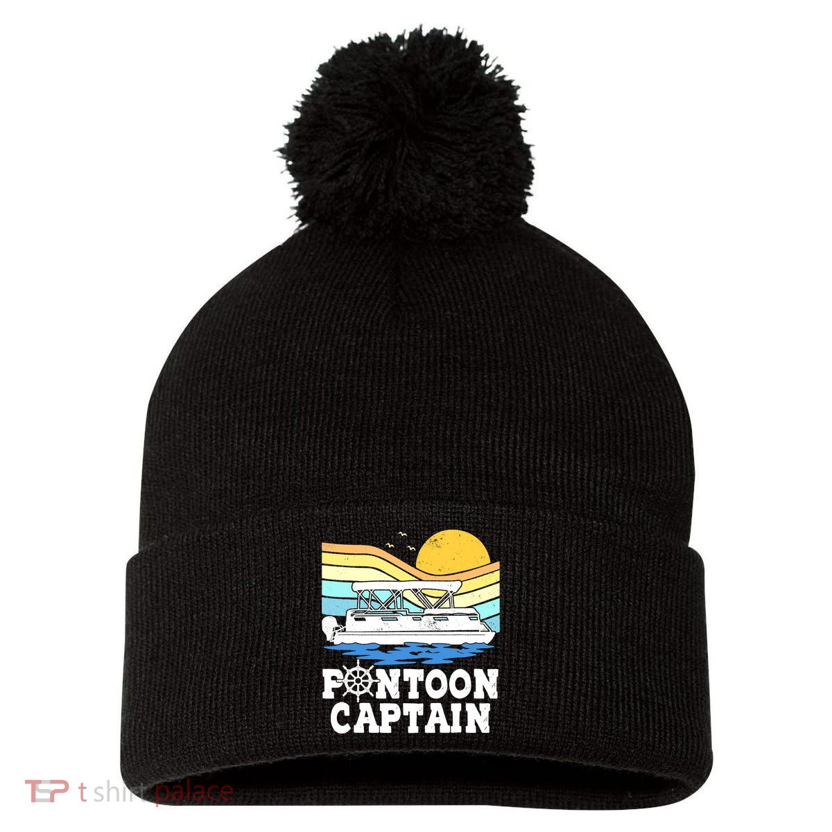 Funny Pontoon Captain Vintage Pontoon Boat Pom Pom 12in Knit Beanie