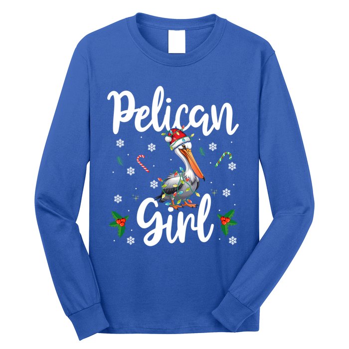 Funny Pelican Christmas Santa Hat Lights Snowflakes Gift Long Sleeve Shirt