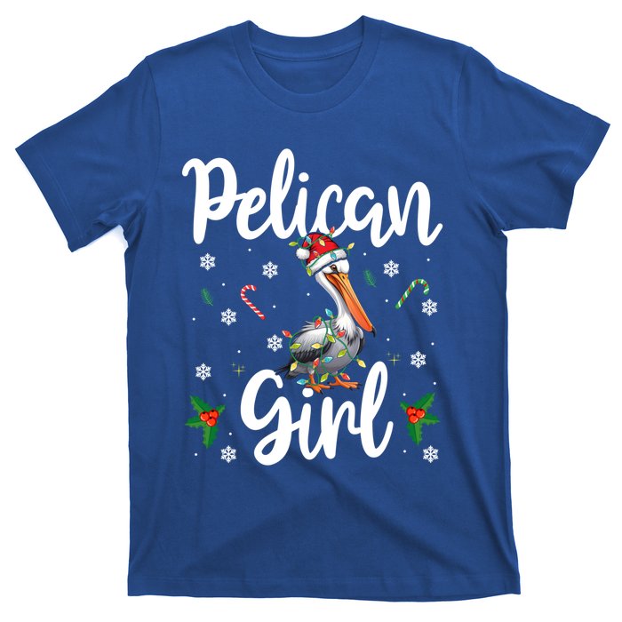 Funny Pelican Christmas Santa Hat Lights Snowflakes Gift T-Shirt