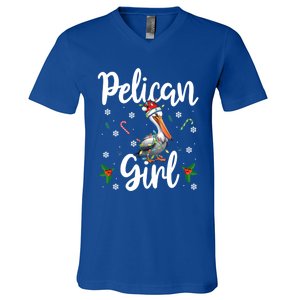 Funny Pelican Christmas Santa Hat Lights Snowflakes Gift V-Neck T-Shirt