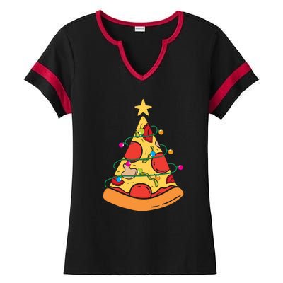 Funny Pizza Christmas Tree Lights Funny Xmas Ladies Halftime Notch Neck Tee