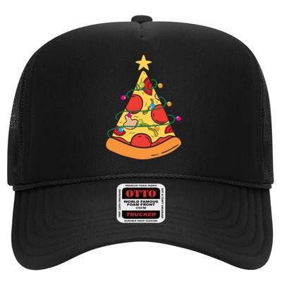 Funny Pizza Christmas Tree Lights Funny Xmas High Crown Mesh Back Trucker Hat