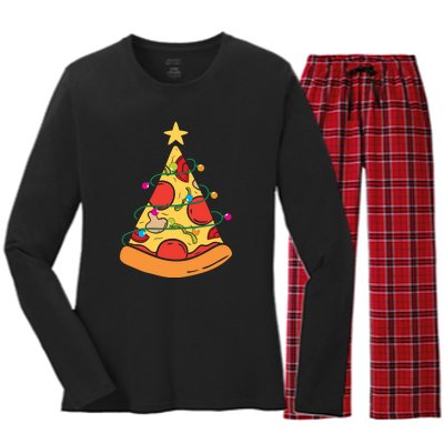 Funny Pizza Christmas Tree Lights Funny Xmas Women's Long Sleeve Flannel Pajama Set 