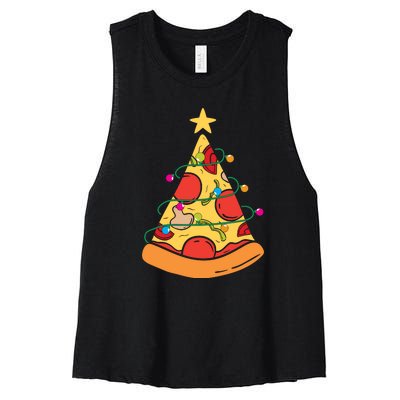 Funny Pizza Christmas Tree Lights Funny Xmas Women's Racerback Cropped Tank