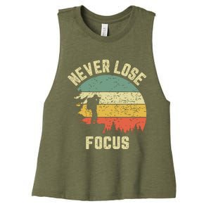 Funny Photographer Camera Never Lose Focus Photography Women's Racerback Cropped Tank