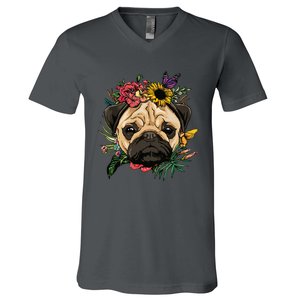 Floral Pug Dog Spring Nature Dog Lovers V-Neck T-Shirt