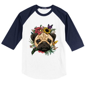 Floral Pug Dog Spring Nature Dog Lovers Baseball Sleeve Shirt