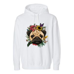 Floral Pug Dog Spring Nature Dog Lovers Garment-Dyed Fleece Hoodie