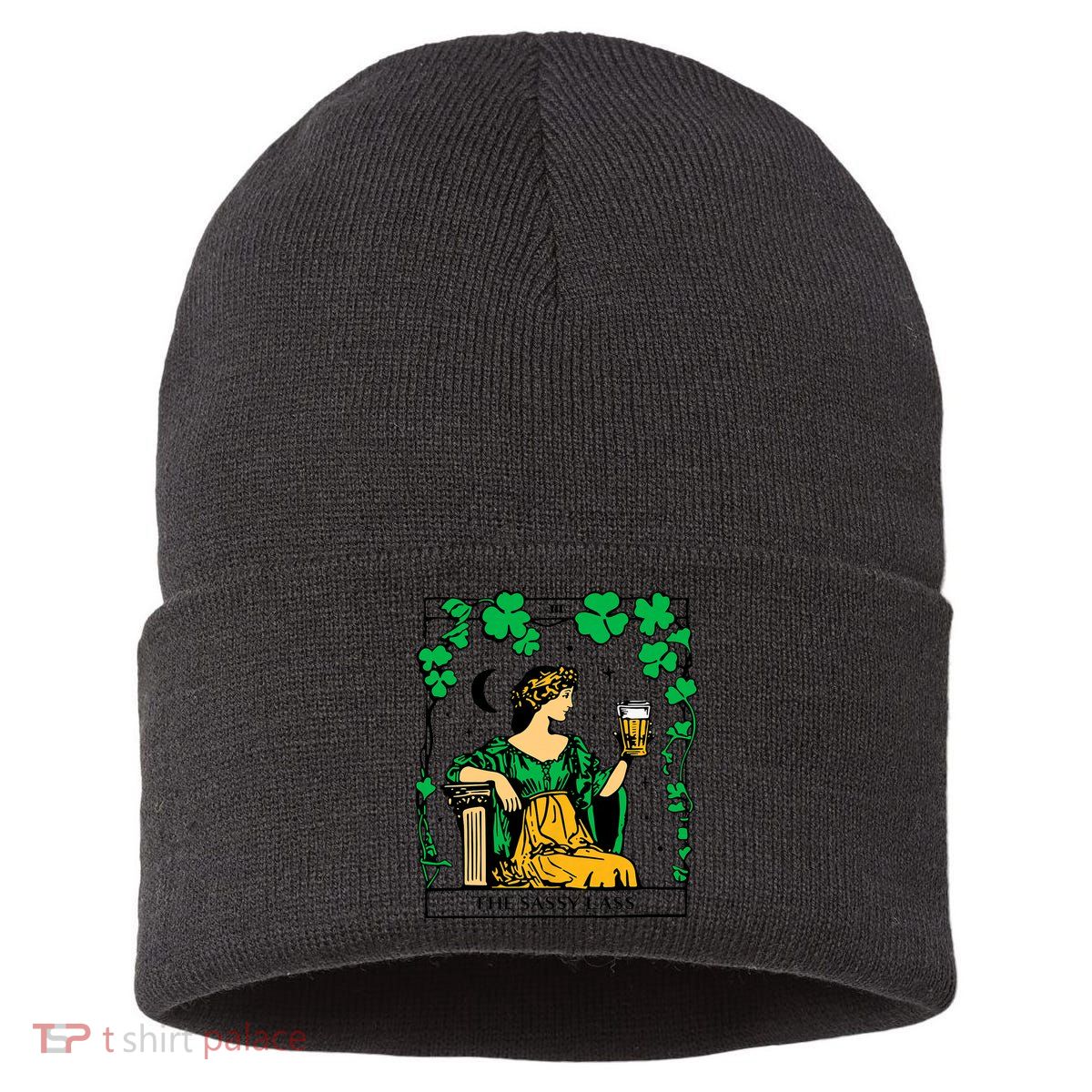 Funny PatrickS Day The Sassy Lass Tarot Card Sustainable Knit Beanie