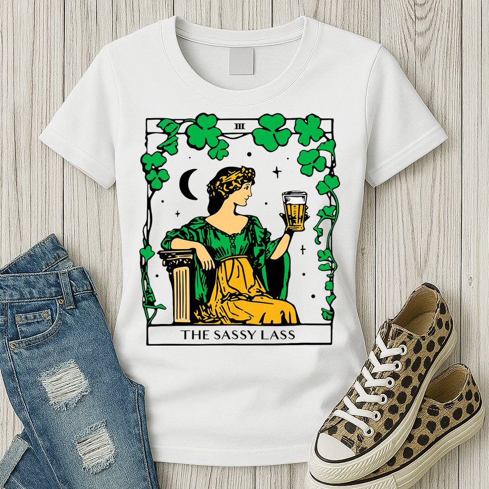 Funny PatrickS Day The Sassy Lass Tarot Card Womens T-Shirt
