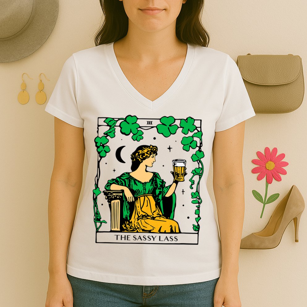 Funny PatrickS Day The Sassy Lass Tarot Card Women's V-Neck T-Shirt