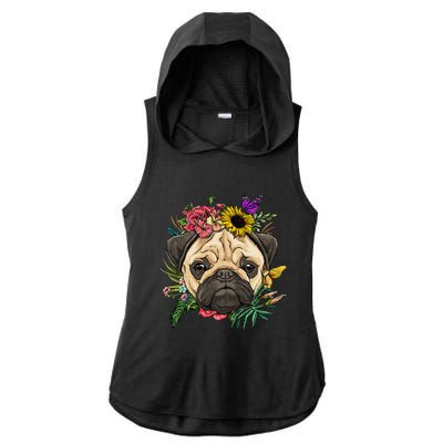 Floral Pug Dog Spring Nature Dog Lovers Ladies PosiCharge Tri-Blend Wicking Draft Hoodie Tank