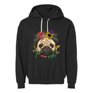 Floral Pug Dog Spring Nature Dog Lovers Garment-Dyed Fleece Hoodie