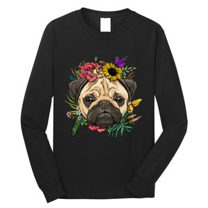 Floral Pug Dog Spring Nature Dog Lovers Long Sleeve Shirt