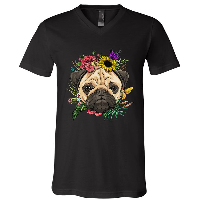 Floral Pug Dog Spring Nature Dog Lovers V-Neck T-Shirt