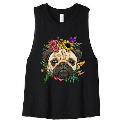 Floral Pug Dog Spring Nature Dog Lovers Women's Racerback Cropped Tank