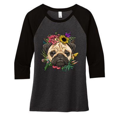 Floral Pug Dog Spring Nature Dog Lovers Women's Tri-Blend 3/4-Sleeve Raglan Shirt