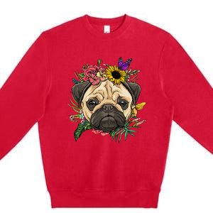 Floral Pug Dog Spring Nature Dog Lovers Premium Crewneck Sweatshirt