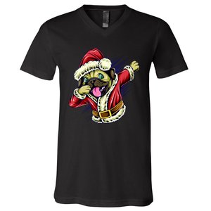 Funny Pug Dabbing Santa Claus V-Neck T-Shirt