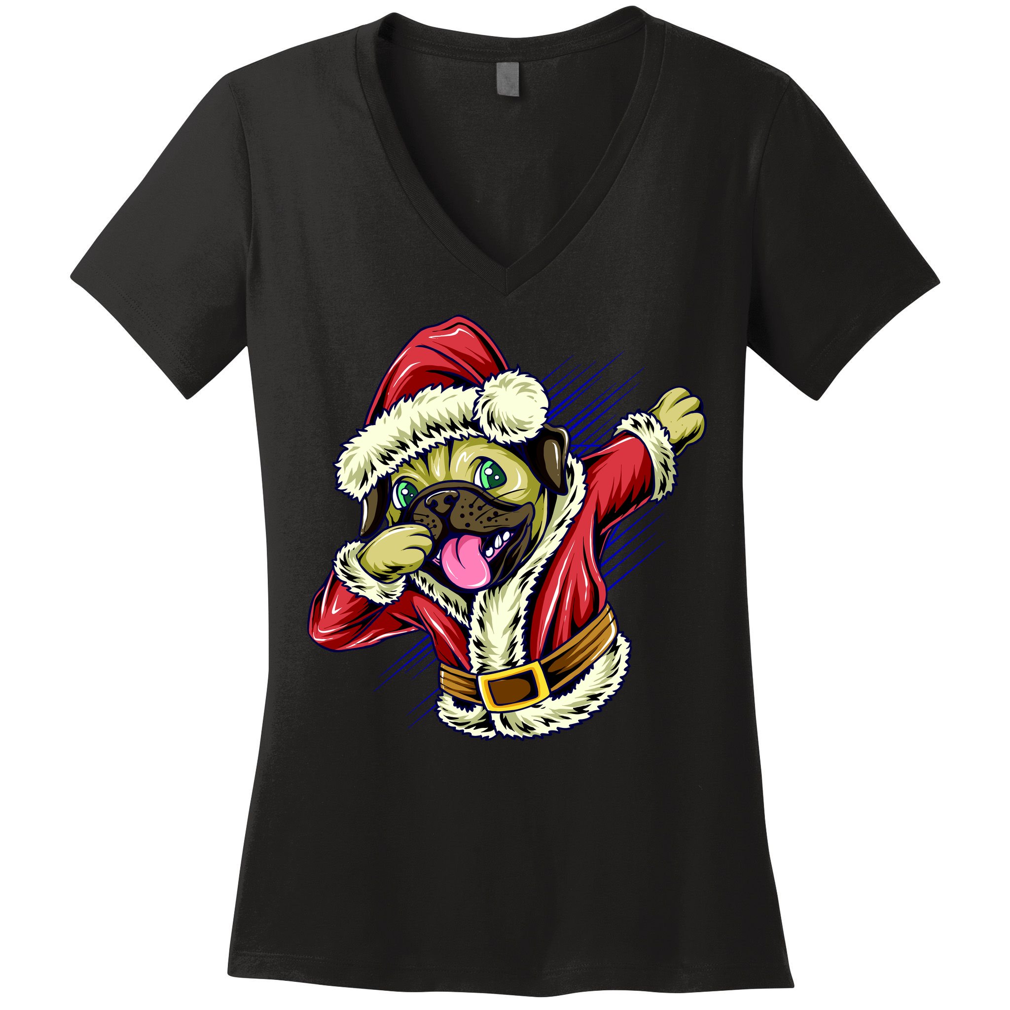 Funny Pug Dabbing Santa Claus Women's V-Neck T-Shirt
