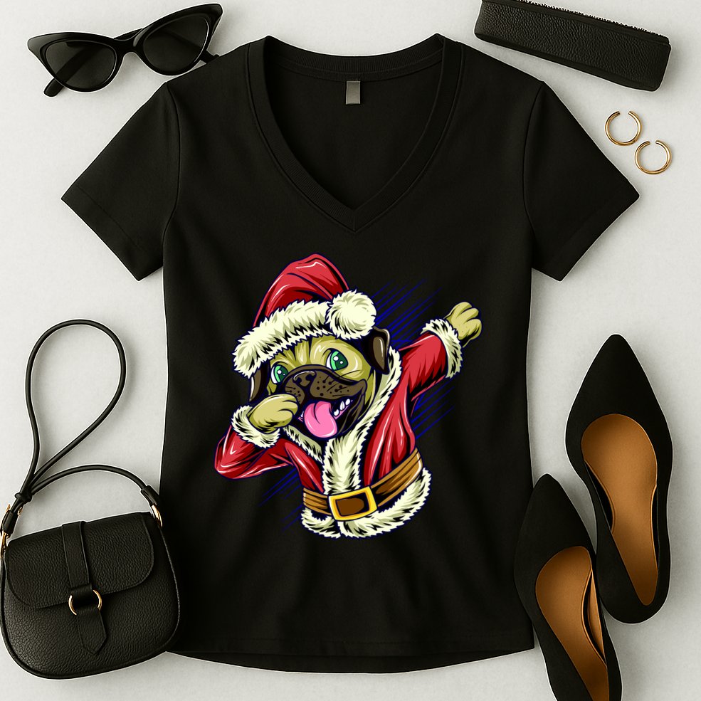 Funny Pug Dabbing Santa Claus Women's V-Neck T-Shirt
