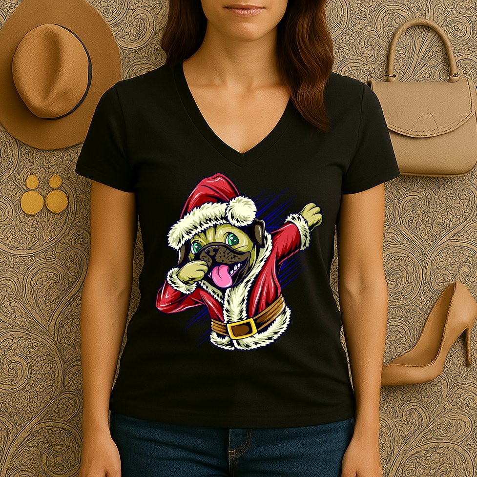 Funny Pug Dabbing Santa Claus Women's V-Neck T-Shirt
