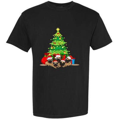 Festive Pug Dog Christmas Pajama with Xmas Tree Lights Garment-Dyed Heavyweight T-Shirt